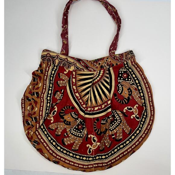Handmade Indian Boho Elephant Pleated Hand bag Tote Red Orange Zipper Closure - Picture 1 of 5